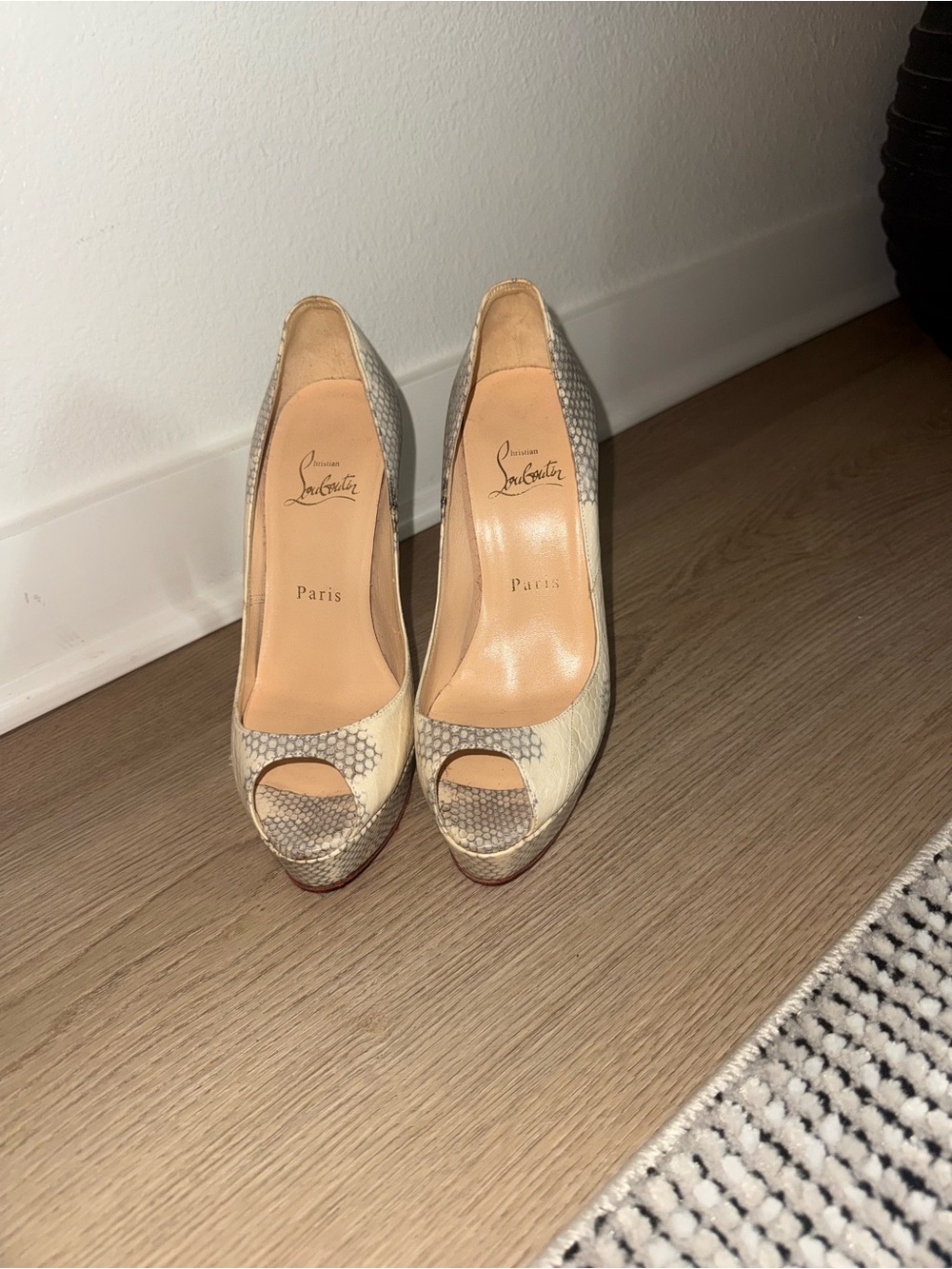 Christian Louboutin Neutral Snakeskin Peep-Toe Pumps